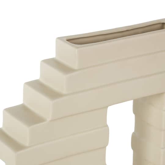 12" Cream Ceramic Abstract Decorative Vase with Rectangular Center Cutout